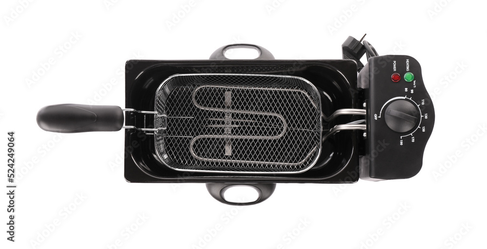 Modern deep fryer and basket isolated on white, top view. Kitchen device Modern deep fryer and basket isolated on white, top view. Kitchen device