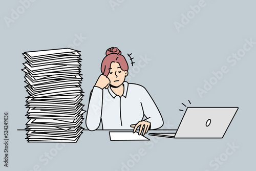 Tired unmotivated businesswoman sit at desk with pile of paperwork. Exhausted female employee overwhelmed with paper documents. Job burnout. Vector illustration. 