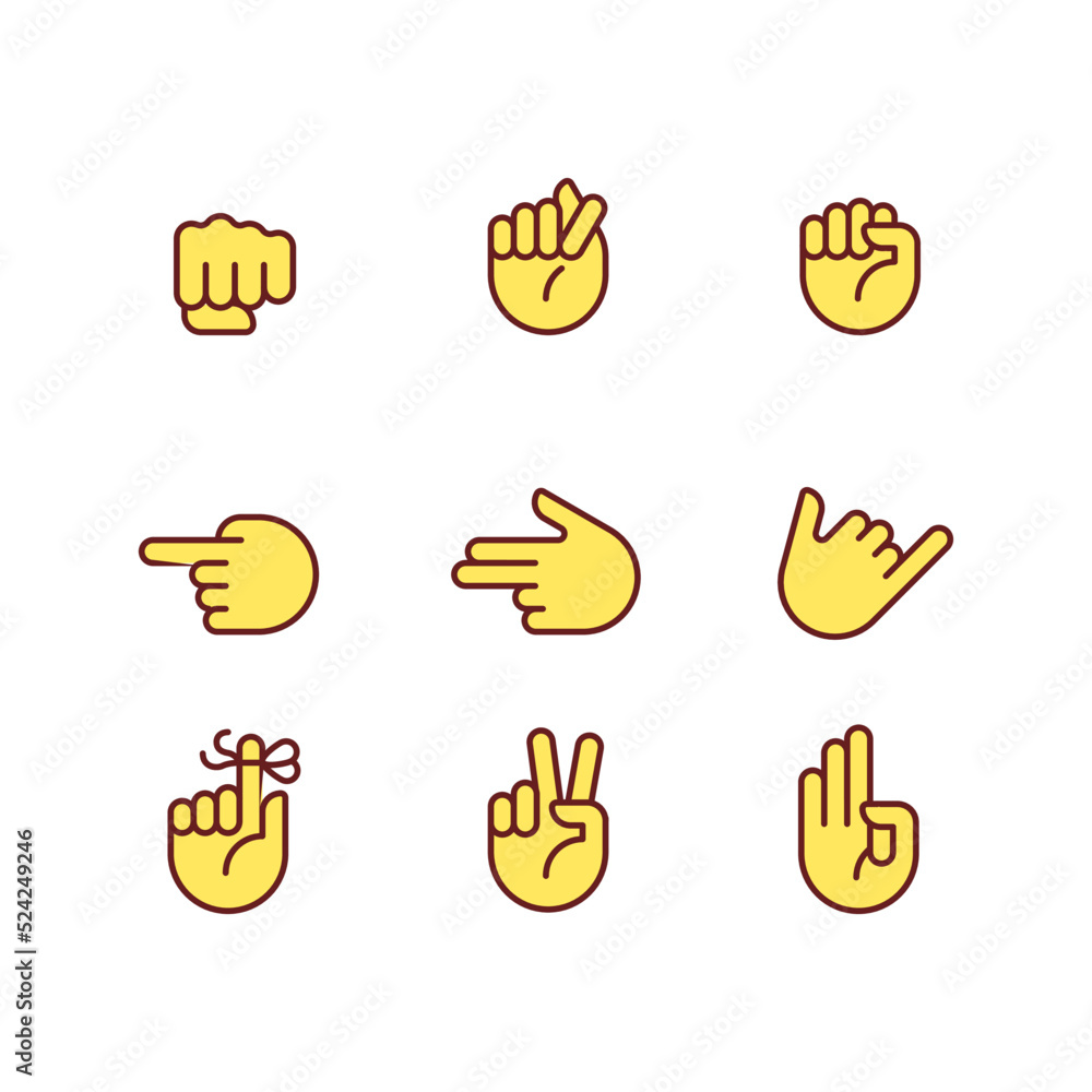 Fototapeta premium Visual messages by hands pixel perfect RGB color icons set. Traditional gestures. Body language information. Isolated vector illustrations. Simple filled line drawings collection. Editable stroke