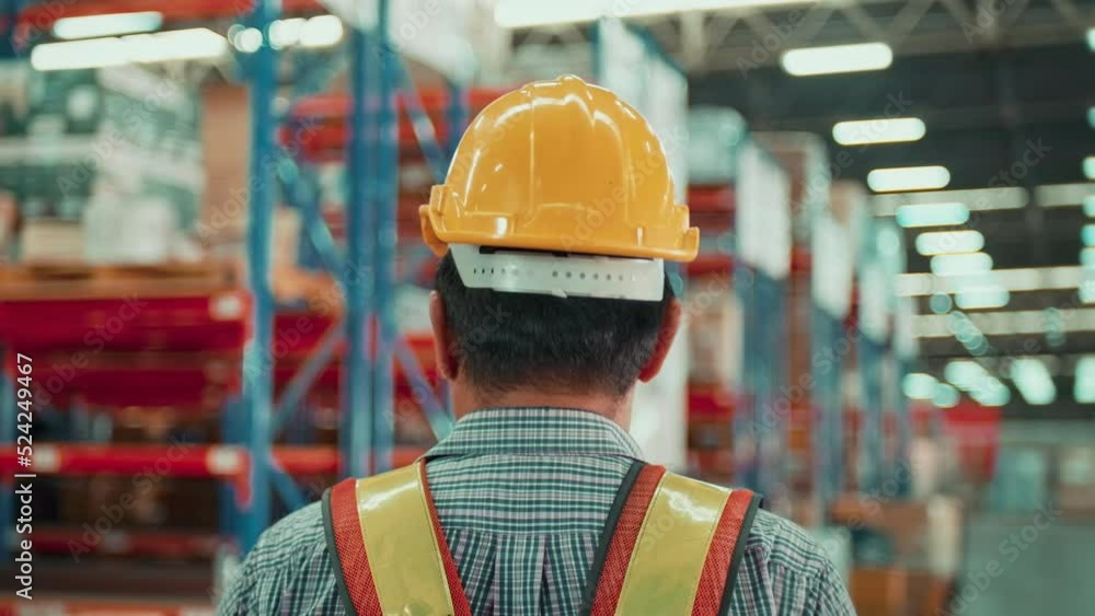 Portrait of senior asian male worker wearing helmet in modern warehouse storage of retail shop Portrait of senior asian male worker wearing helmet in modern warehouse storage of retail shop