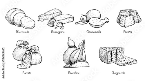 Hand drawn sketch style cheese set. Traditional Itailan cheese collection. Mozzarella, Parmegiano, Caciocavallo, Ricotta, Burrata, Provolone, Gorgonzola. Best for menu designs and packaging. 