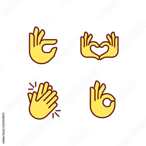 Body language signals pixel perfect RGB color icons set. Hands gestures to express emotions. Communication. Isolated vector illustrations. Simple filled line drawings collection. Editable stroke