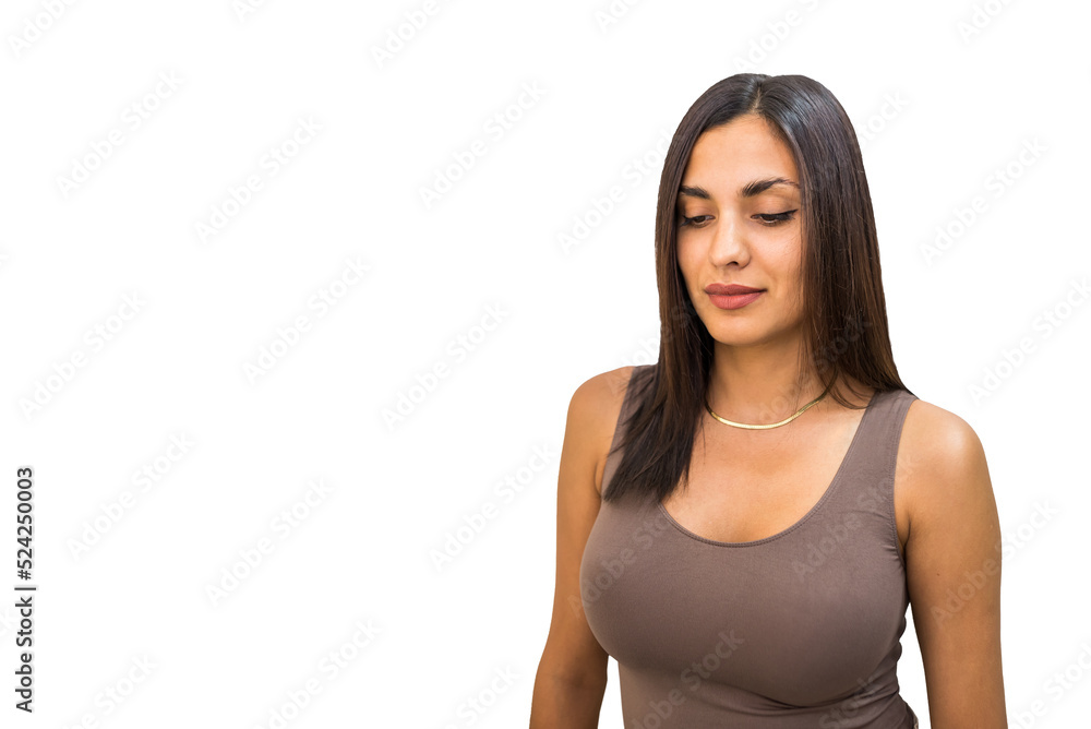 Close-up of a beautiful sexy brunette with a big bust on a white background. Close-up of a beautiful sexy brunette with a big bust on a white background.