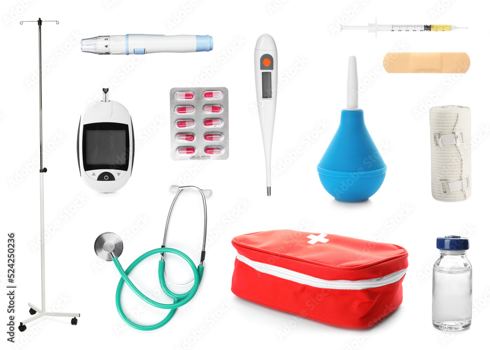 Obraz premium Set with drop counter stand and different medical equipment on white background