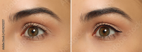 Collage with photos of young woman before and after getting permanent eyeliner makeup, closeup. Banner design