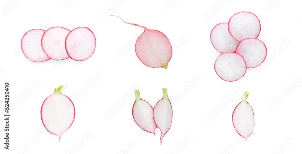 Set with cut fresh ripe radishes on white background
