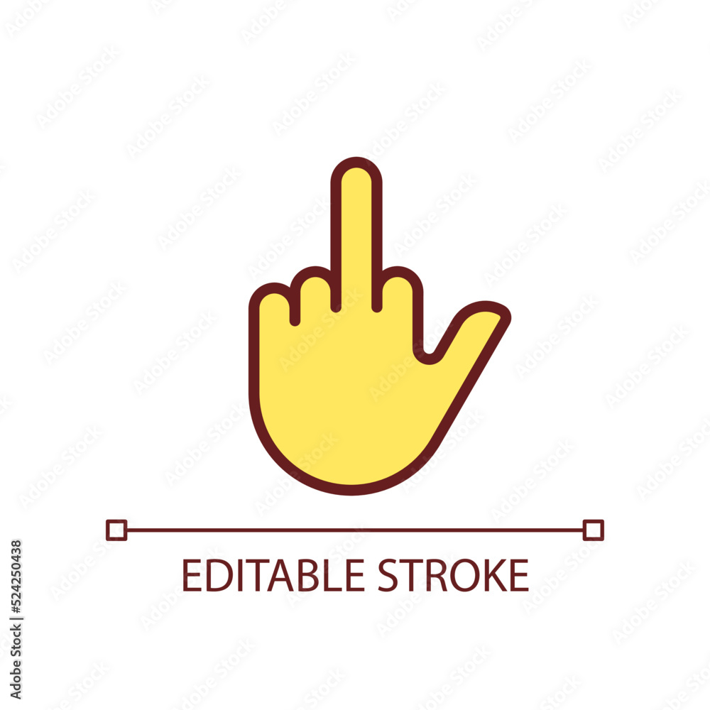 Fototapeta premium Middle finger pixel perfect RGB color icon. Obscene hand gesture. Offensive non verbal message. Isolated vector illustration. Simple filled line drawing. Editable stroke. Arial font used