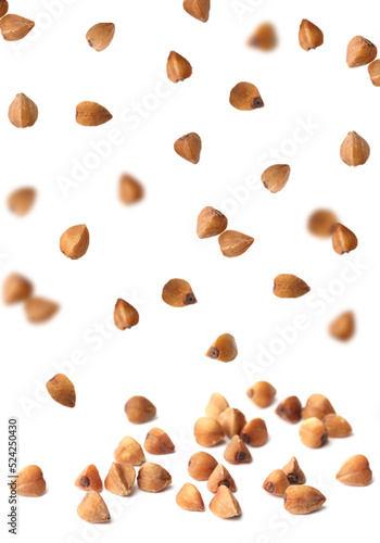 Raw buckwheat grains falling on white background