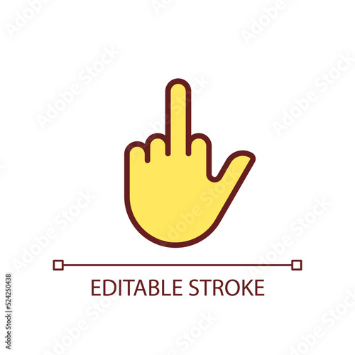 Middle finger pixel perfect RGB color icon. Obscene hand gesture. Offensive non verbal message. Isolated vector illustration. Simple filled line drawing. Editable stroke. Arial font used