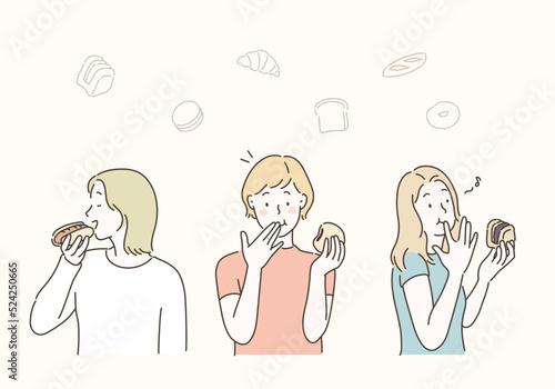 The women are eating bread. hand drawn style vector design illustrations. 