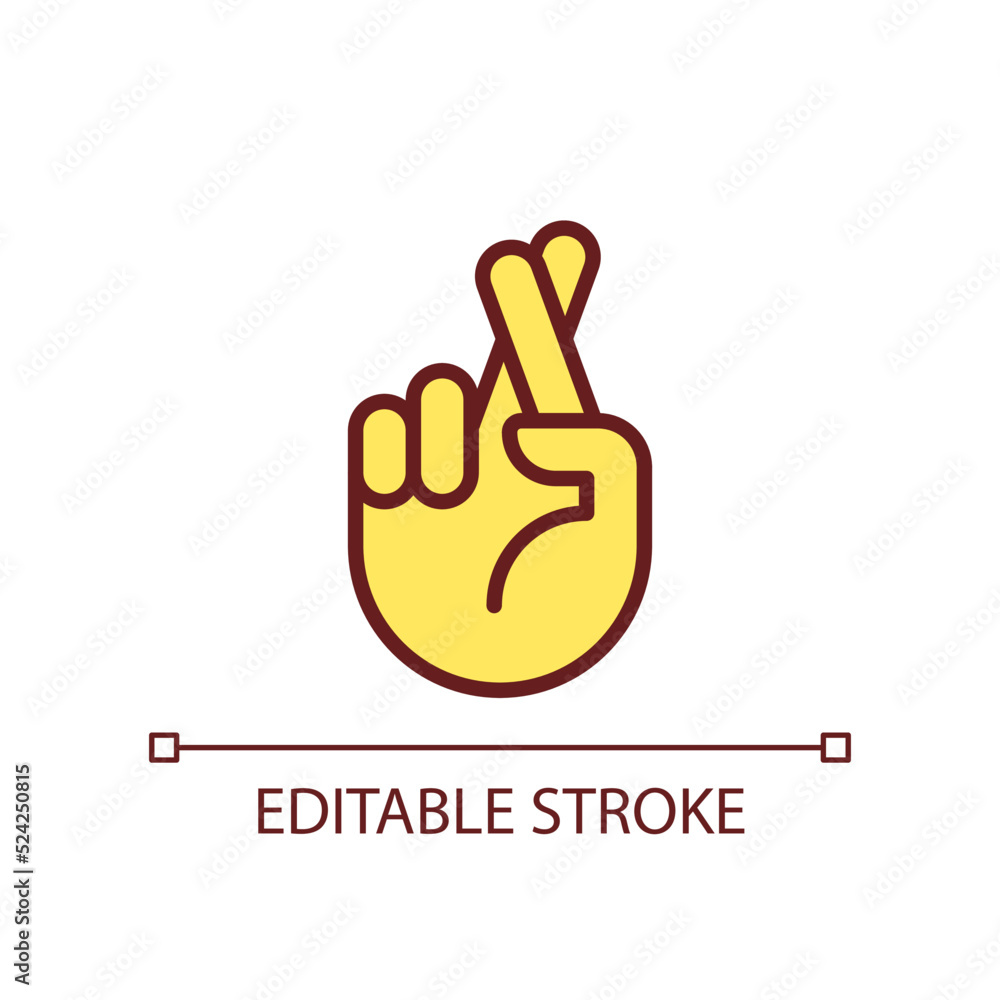Crossed fingers pixel perfect RGB color icon. Wishing and hope. Hand gesture. Superstitions. Isolated vector illustration. Simple filled line drawing. Editable stroke. Arial font used