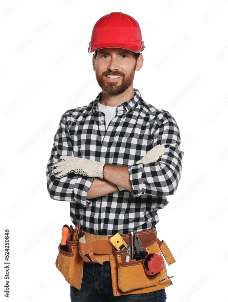Professional builder in hard hat with tool belt isolated on white Professional builder in hard hat with tool belt isolated on white