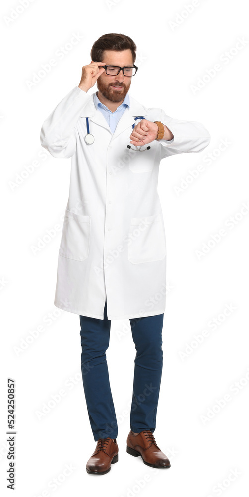 Doctor with stethoscope looking at wristwatch on white background Doctor with stethoscope looking at wristwatch on white background