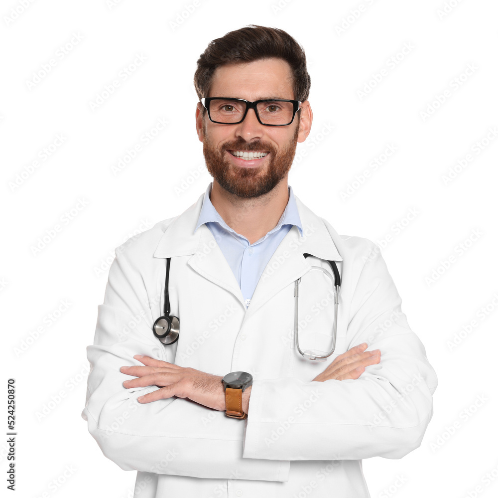 Portrait of doctor with stethoscope on white background Portrait of doctor with stethoscope on white background