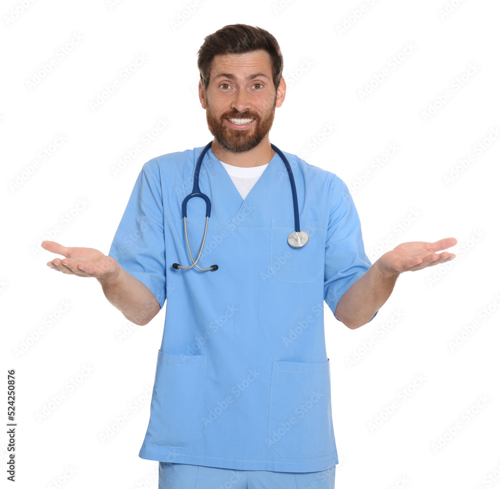 Portrait of doctor in scrubs on white background Portrait of doctor in scrubs on white background