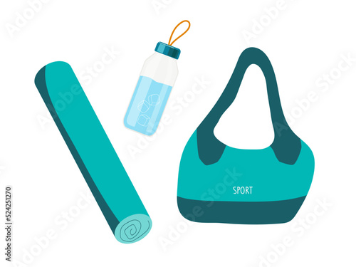 Blue Sport Bag, bottle of water, yoga mat isolated on white background. Fitness accessories. Flat vector illustration In Sketch Style. Sportswear and equipment, workout, training, fitness, yoga.