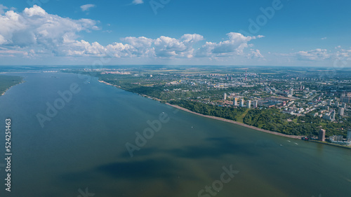 Scenic aerial view of Cheboksary  capital city of Chuvashia  Russia and a port on the Volga River on sunny summer day.