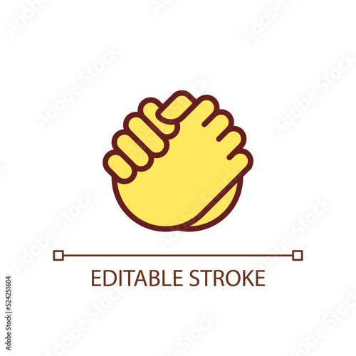 Friendly handshake pixel perfect RGB color icon. Joining hands. Buddies greeting gesture. Isolated vector illustration. Simple filled line drawing. Editable stroke. Arial font used