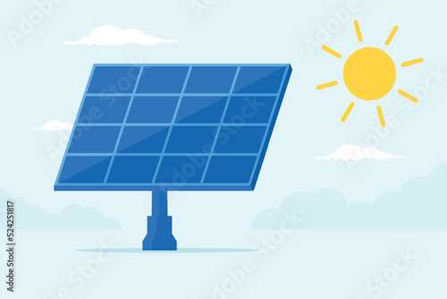 Renewable energy concept. Vector illustration of solar panel and yellow sun in the background. Flat design style.  photo