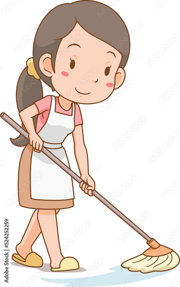 Cartoon character of housewife cleaning the floor. Cartoon character of housewife cleaning the floor.
