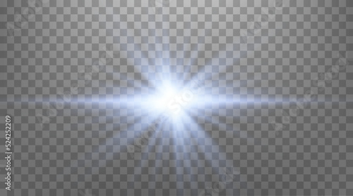 Blue horizontal lens flare. Isolated on transparent background. Sun flash with rays or spotlight and bokeh. Glow flare light effect. Vector illustration. photo