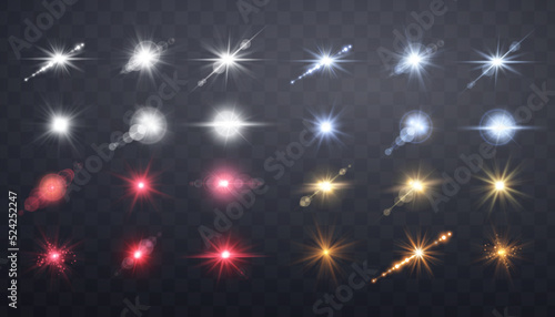 Sens flares set. Isolated on transparent background. Sun flash with rays or spotlight and bokeh. Glow flare light effect. Vector illustration.