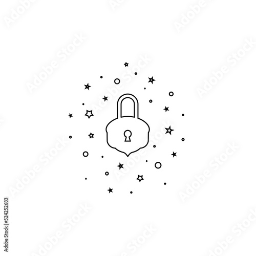Shining vintage lock with stars icon. Mystery, clue and magic symbol. Help, hint, tint and secret concept. Unlock treasure sign.