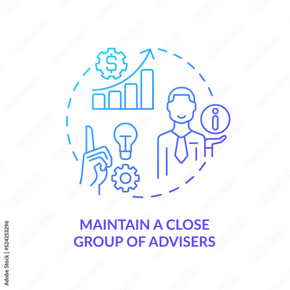 Maintain close group of advisers blue gradient concept icon. Professional help. Way to identify trends abstract idea thin line illustration. Isolated outline drawing. Myriad Pro-Bold font used Maintain close group of advisers blue gradient concept icon. Professional help. Way to identify trends abstract idea thin line illustration. Isolated outline drawing. Myriad Pro-Bold font used