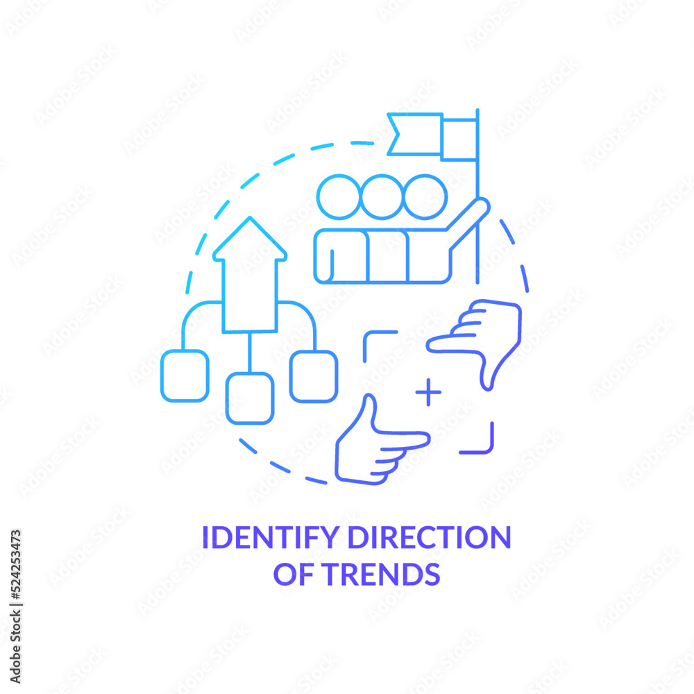 Identify direction of trends blue gradient concept icon. Development way. Control trading trends abstract idea thin line illustration. Isolated outline drawing. Myriad Pro-Bold font used Identify direction of trends blue gradient concept icon. Development way. Control trading trends abstract idea thin line illustration. Isolated outline drawing. Myriad Pro-Bold font used