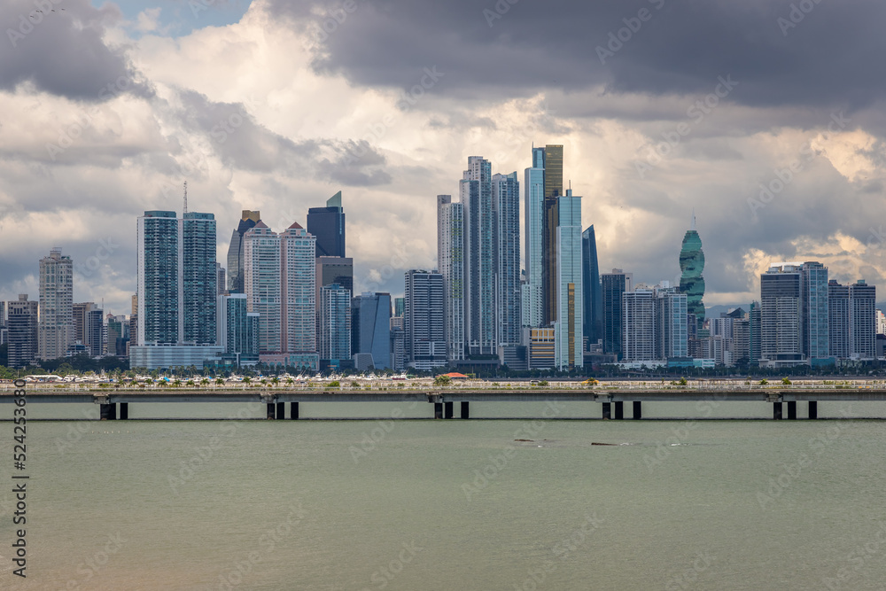 Panoramic View of Skyscrapers Downtown Panama City from the Boardwalk