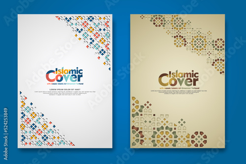 Islamic cover background template with ornamental colorful detail of floral mosaic islamic art ornament