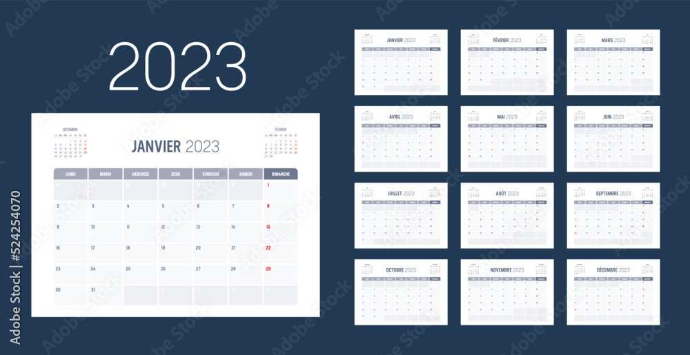 Year 2023 Monthly Calendar In French Language Vector Template Stock year-2023-monthly-calendar-in-french-language-vector-template-stock