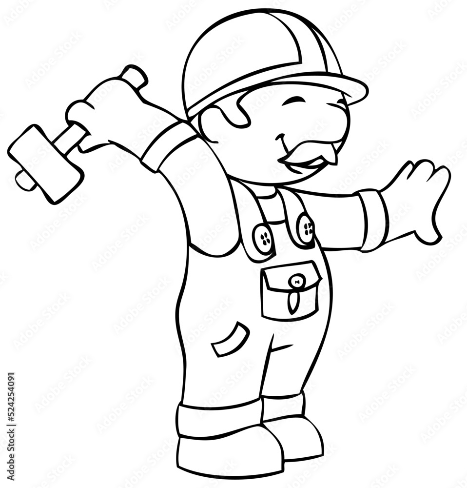 Construction worker with a hammer. Element for coloring page. Cartoon style.