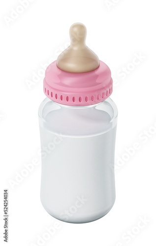 Glass baby bottle with milk isolated on white background. 3D illustration