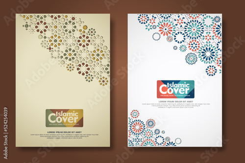 Islamic cover background template with ornamental colorful detail of floral mosaic islamic art ornament