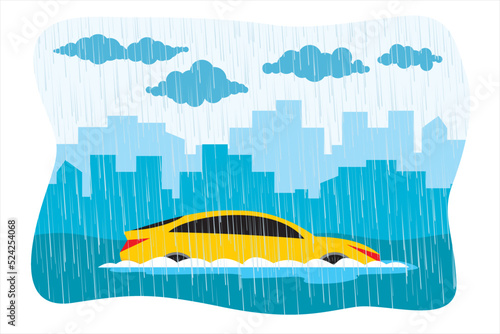Floods. Natural disasters. Illustration of heavy rain accompanied by flooding