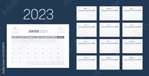 Year 2023 monthly calendar, in French language. Vector template.