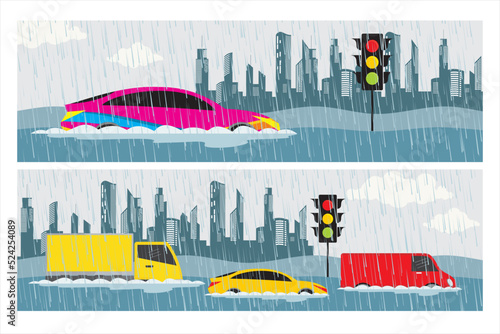 Floods. Natural disasters. Illustration of heavy rain accompanied by flooding