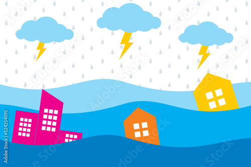 Floods. Natural disasters. Illustration of heavy rain accompanied by flooding