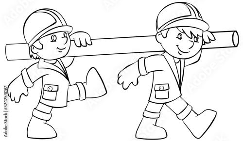 Construction workers with a pipe. Element for coloring page. Cartoon style.