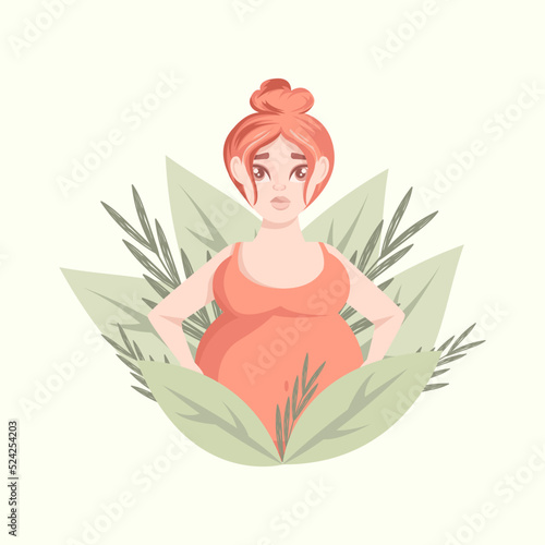 Illustration of redhead pregnant woman with plants.