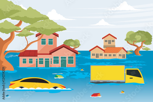 Floods. Natural disasters. Illustration of heavy rain accompanied by flooding