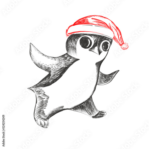 Vector illustration - penguin. Hand drawn sketch of a little penguin wearing a red Christmas hat. Cute winter holidays character.