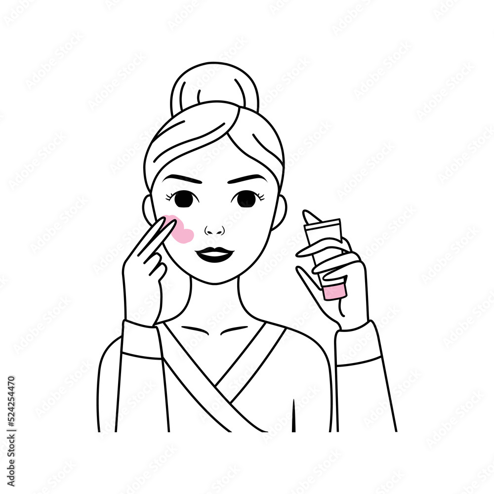 Beautiful Woman holds a Face Cream in her Hand. Happy Lady Applies Moisturizer Lotion to her Facial Skin. Smile and Healthy Skin. White Black Pink Color. Line Fashion Style. White background. Vector Beautiful Woman holds a Face Cream in her Hand. Happy Lady Applies Moisturizer Lotion to her Facial Skin. Smile and Healthy Skin. White Black Pink Color. Line Fashion Style. White background. Vector