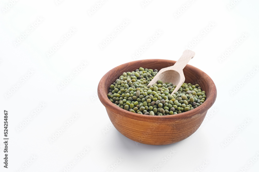Group of green mung beans served on wooden bowl. Food preparation Group of green mung beans served on wooden bowl. Food preparation