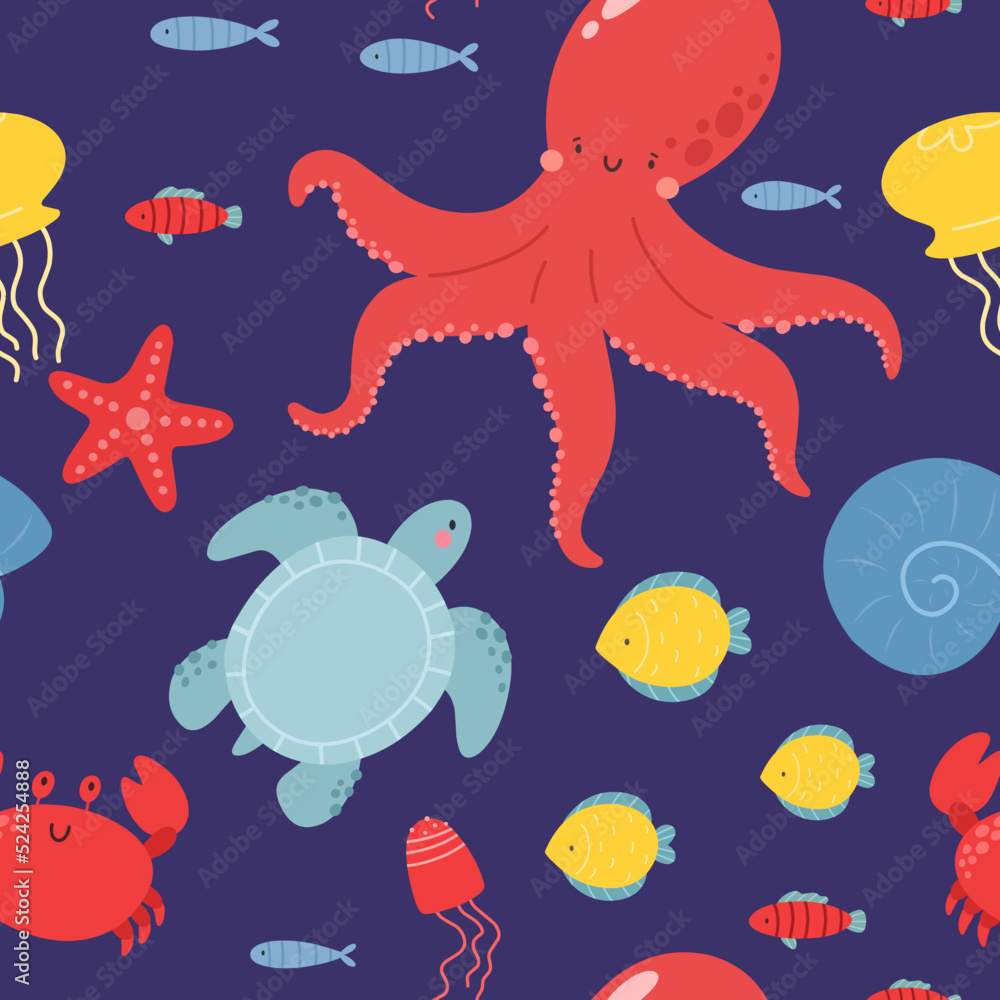 Fototapeta premium Seamless pattern with underwater world, octopus, fish, crab, turtle, jellyfish, squid, starfish. Vector print. Marine theme.