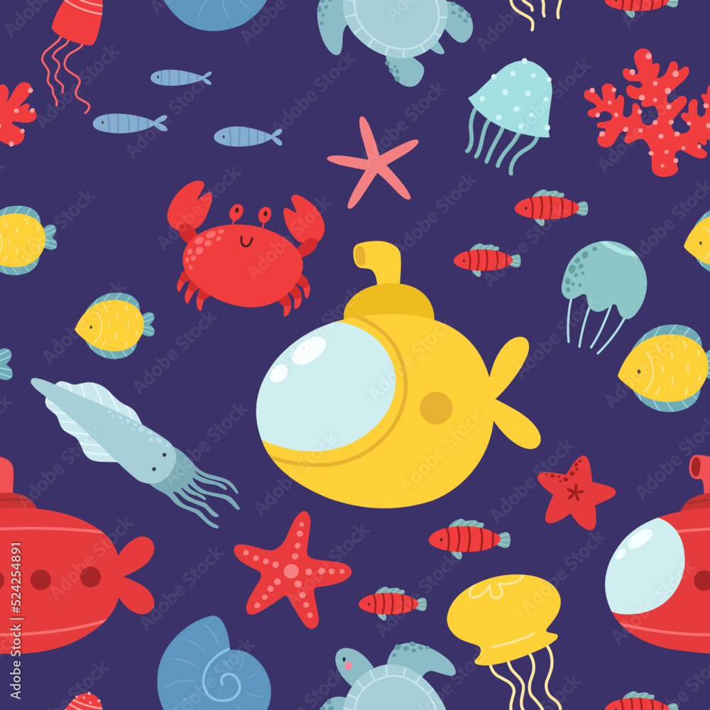 Seamless pattern with underwater world, fish, crab, turtle, jellyfish, squid, starfish. Vector print. Marine theme. Seamless pattern with underwater world, fish, crab, turtle, jellyfish, squid, starfish. Vector print. Marine theme.