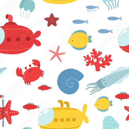Underwater world seamless pattern with submarines. Deep ocean or sea with their inhabitants. Print for fabric, wrapping paper, covers and backgrounds.