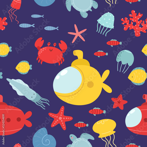 Seamless pattern with underwater world, fish, crab, turtle, jellyfish, squid, starfish. Vector print. Marine theme.