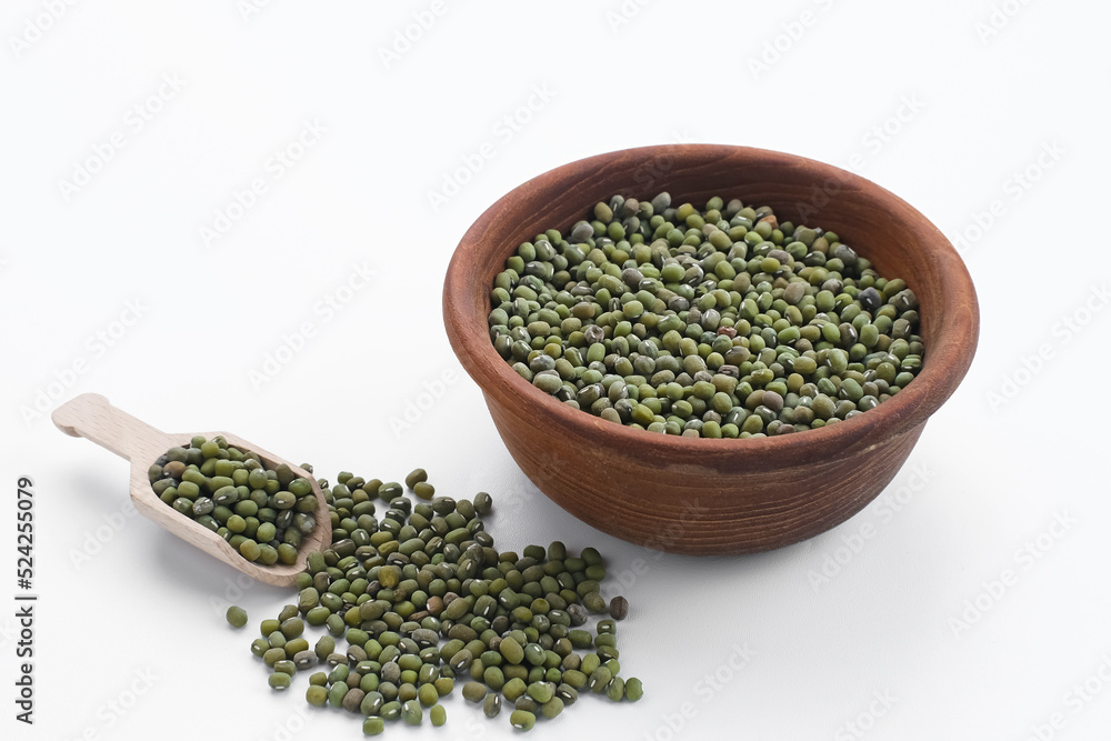 Group of green mung beans served on wooden bowl. Food preparation Group of green mung beans served on wooden bowl. Food preparation